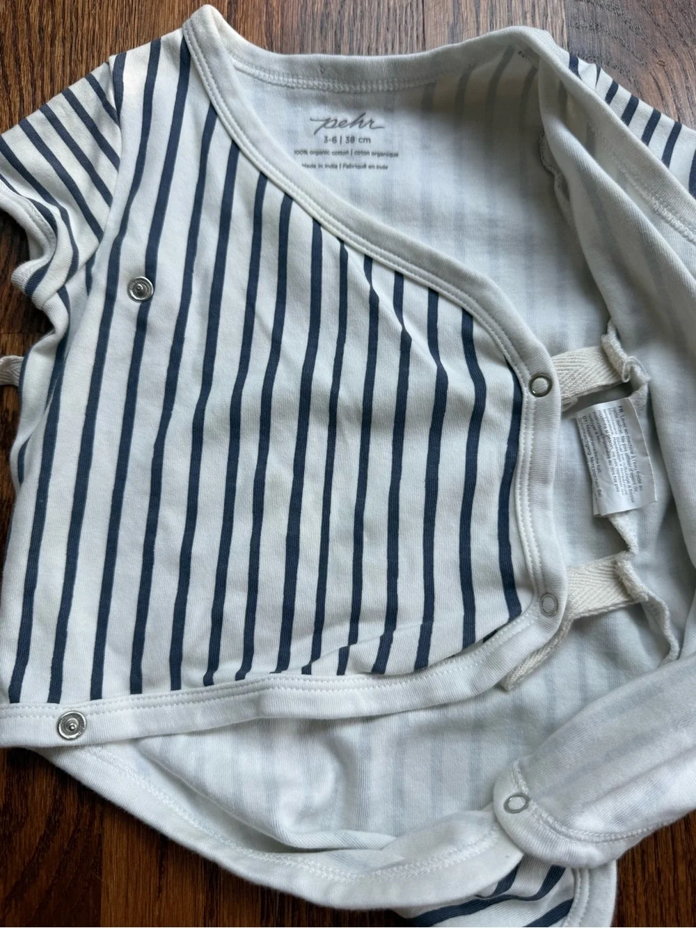Pehr Organic Cotton Navy Stripe Wrap-Front Baby Onesie 3-6 Months